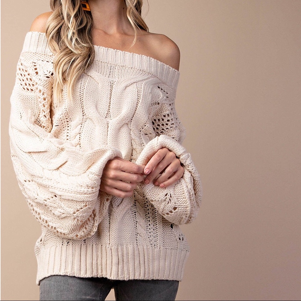 NEW! Puff Sleeve Off Shoulder Loose Knit Sweater - Picture 4 of 8